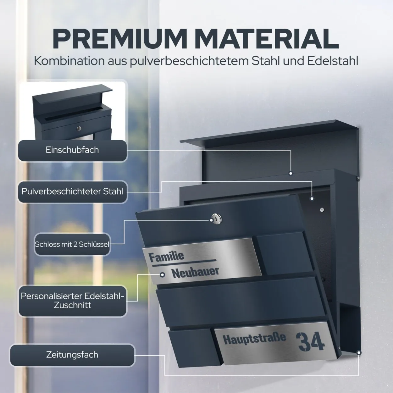 Personalisierbarer Pulsar Funkbriefkasten Funk mit Edelstahl Schild Laserschnitt Gravur und Standhalterung Design 3