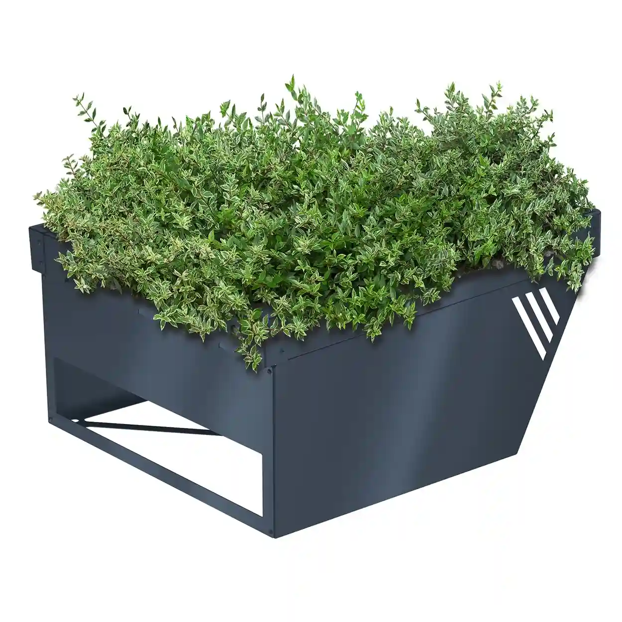 Seitenansicht des bepflanzten Hochbeets für Mähroboter mit Design-Schlitzen