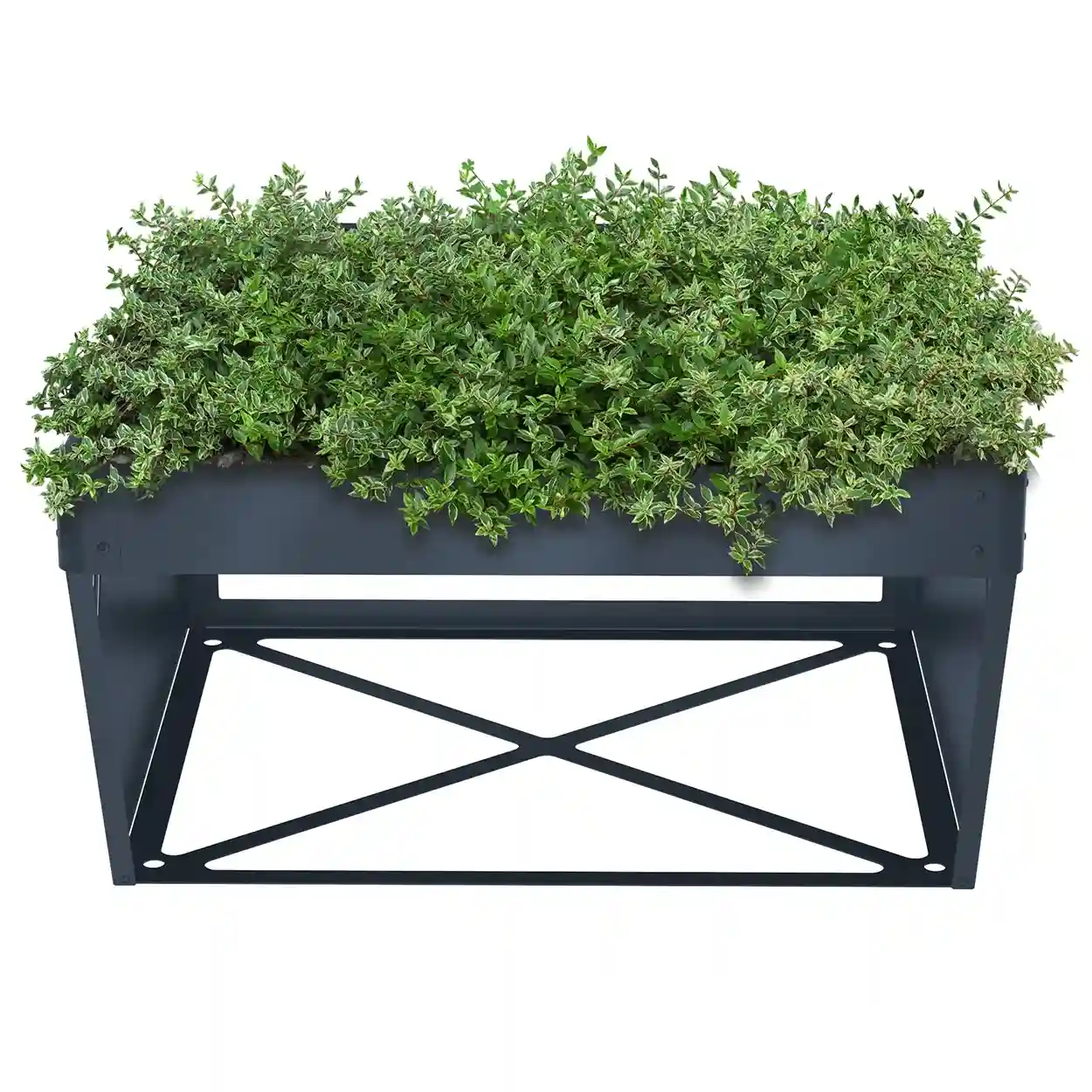 Frontansicht des bepflanzten Hochbeets als Garage für einen Mähroboter