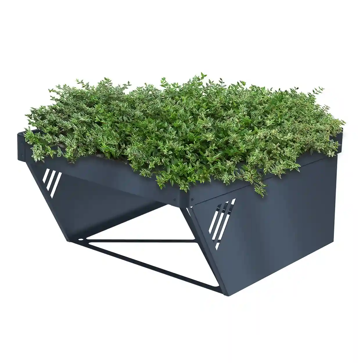 Bepflanztes Hochbeet in Anthrazit als Unterstand für Mähroboter, leicht seitliche Ansicht