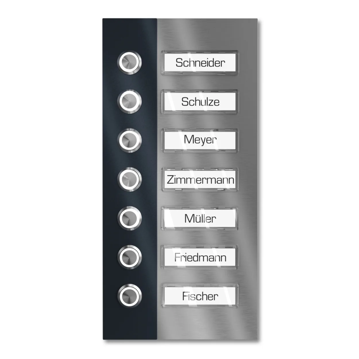 Türklingel aus Edelstahl mit 7 Namensschildern und beleuchteten Klingeltastern