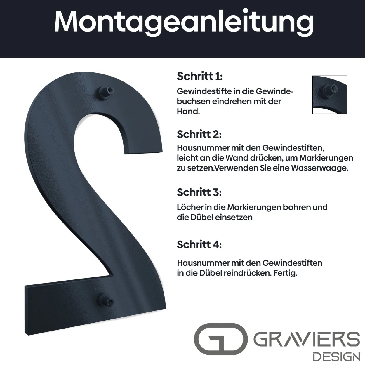 Schrittweise Anleitung zur Montage der Anthrazit RAL 7016 Hausnummer 6 für einfache Installation - 22 cm
