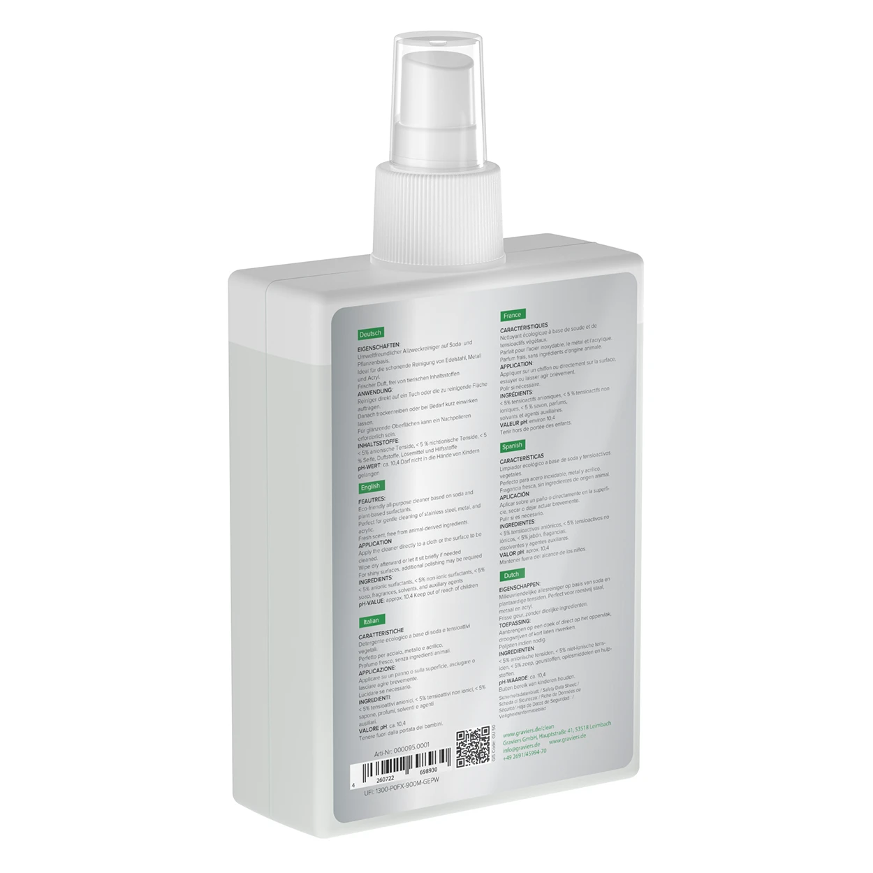 Seitliche Rückansicht des Graviers Clean Spezialreinigers mit sichtbarem Sprühkopf