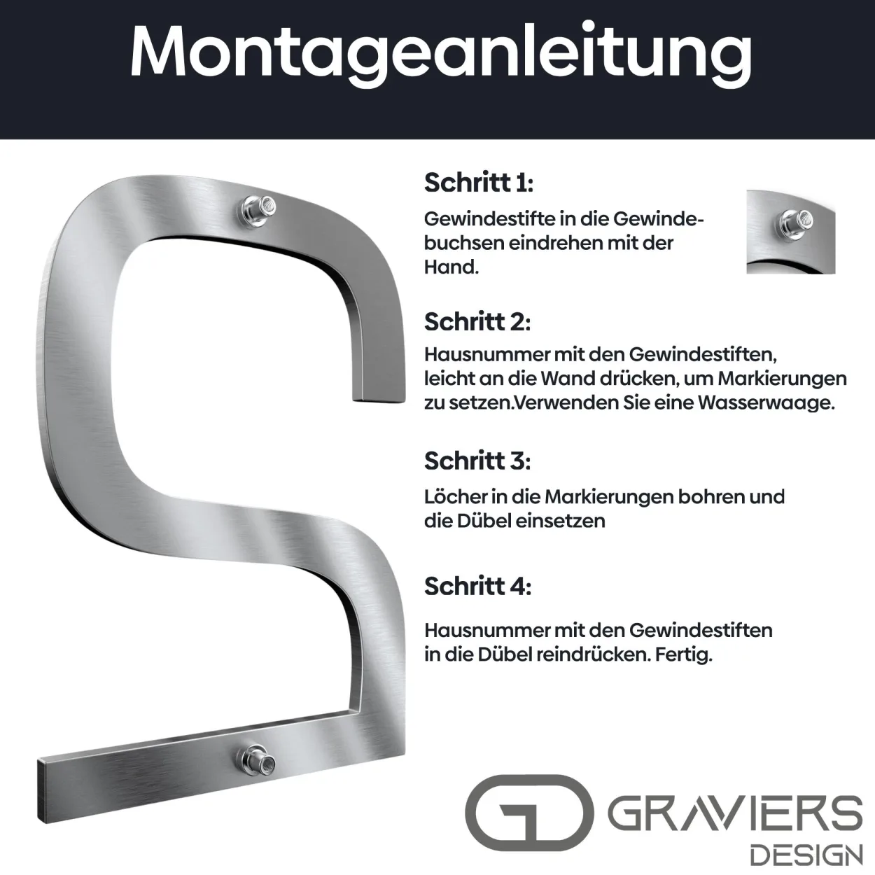 Montageanleitung für Hausnummer 8 mit 30 cm Höhe, detaillierte Schritte für die Anbringung in Edelstahl