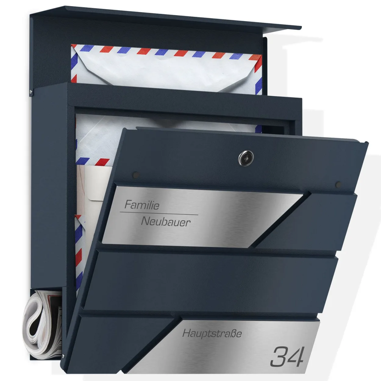 Zenith Briefkasten Funk aus verzinktem Stahl in Anthrazit und Lasergravur, ideal für den Außenbereich mit Halterung