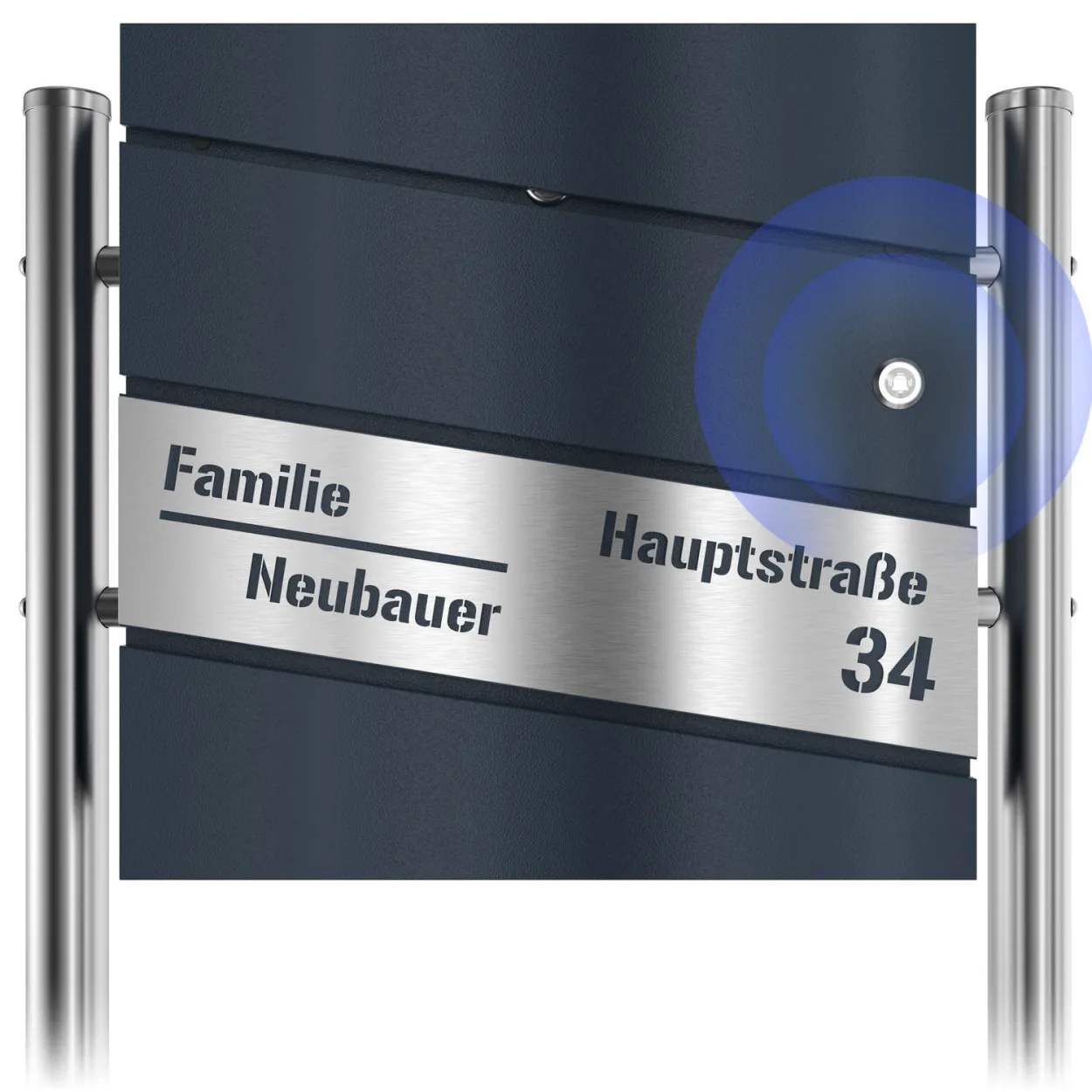 Briefkasten in Anthrazit mit eingebauter Funkklingel und Edelstahl-Gravur