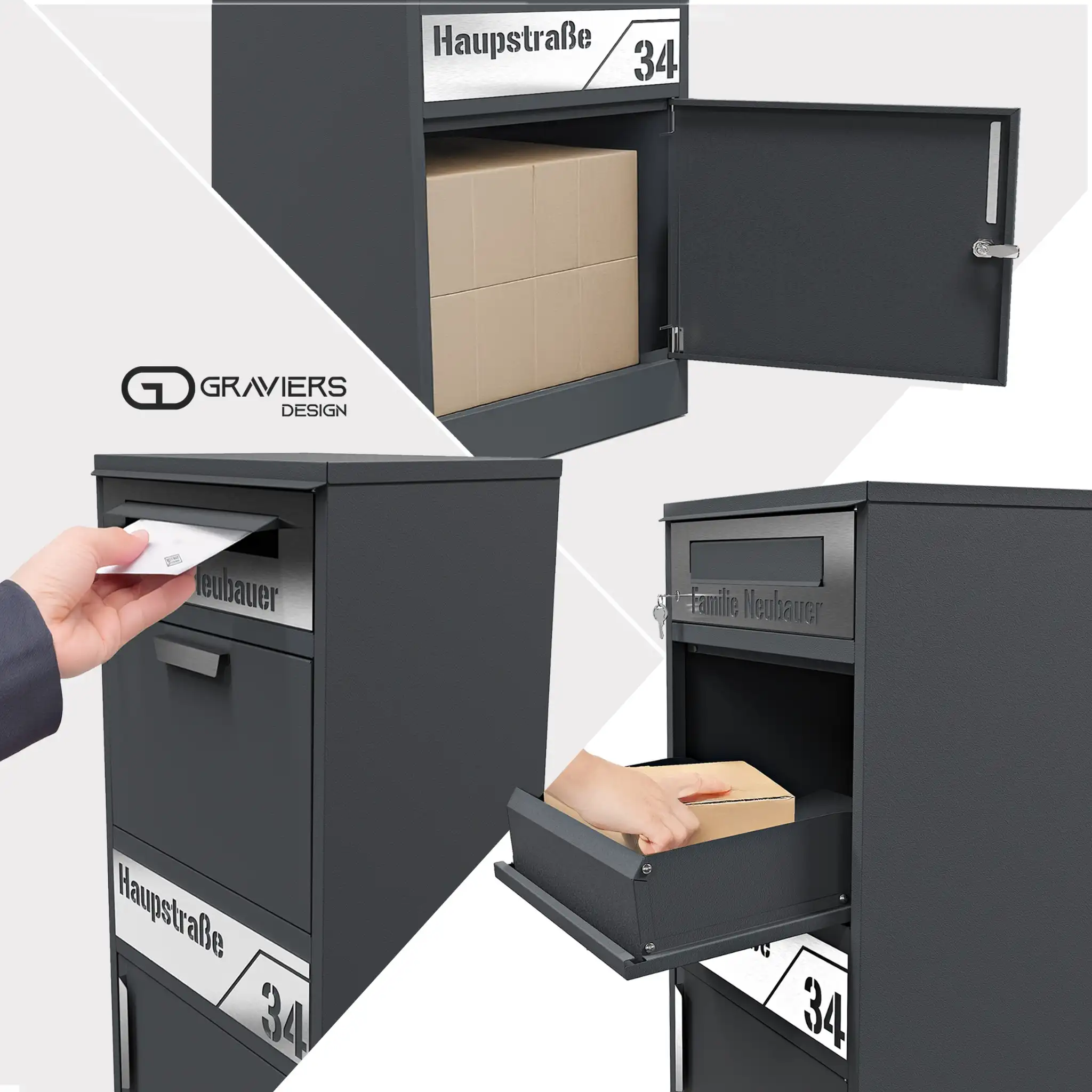 Briefkasten Funk mit Diebstahlschutz und Brieffach Gravur, ideal für größere Pakete und normale Post