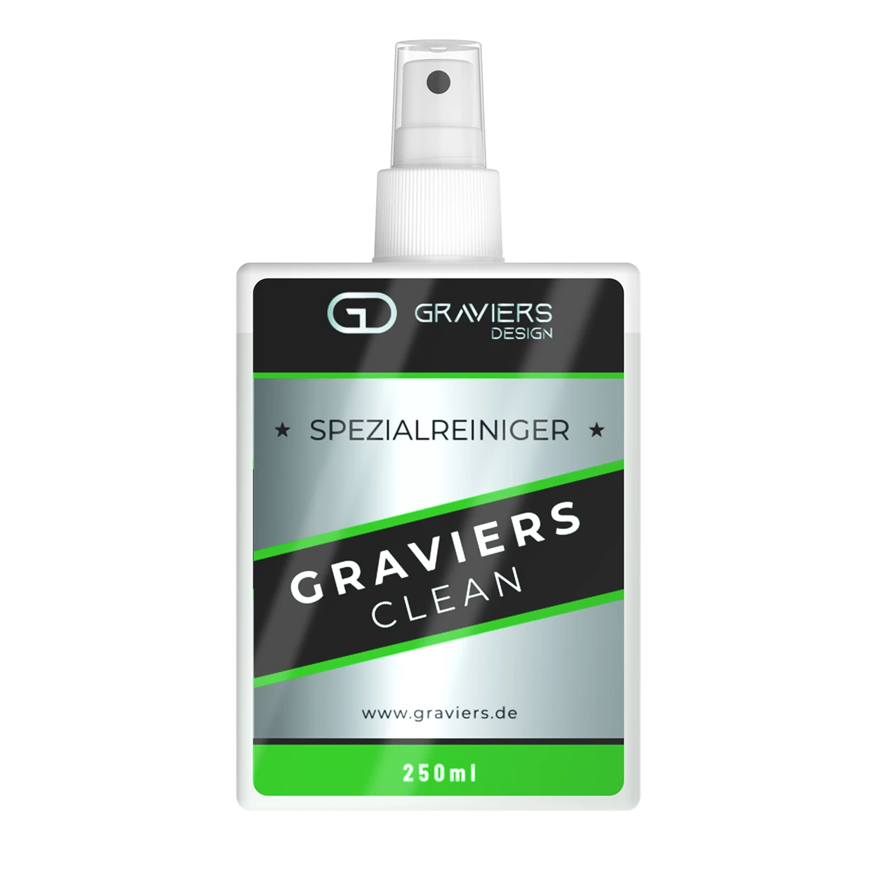 Frontale Ansicht der 250ml Sprühflasche Graviers Clean Spezialreiniger