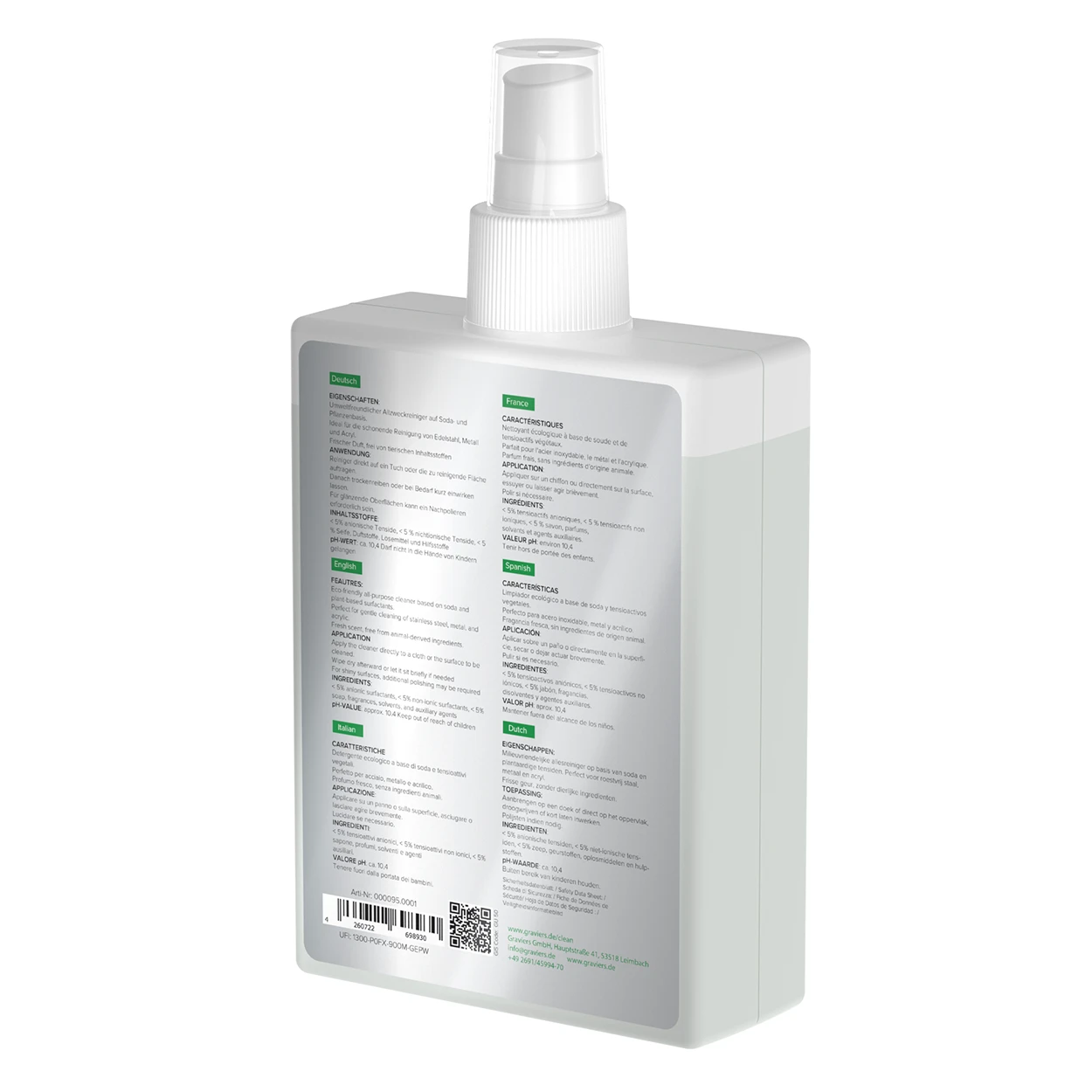 Schräge Rückansicht der Graviers Clean Flasche mit dem Etikett der Inhaltsstoffe