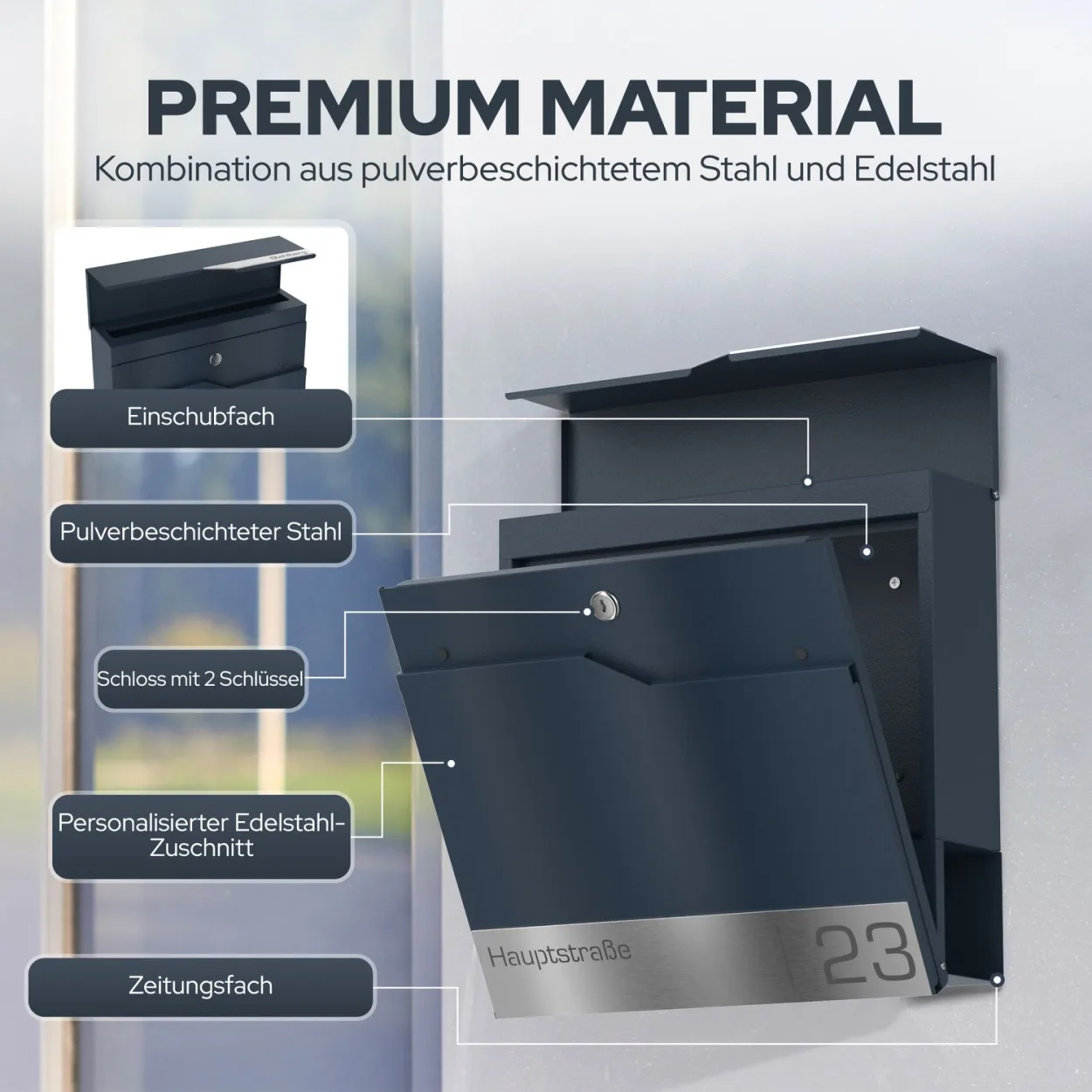 Lasergravur Briefkasten Funk mit personalisierter Edelstahl-Gravur und Zeitungsrolle, wetterbeständig