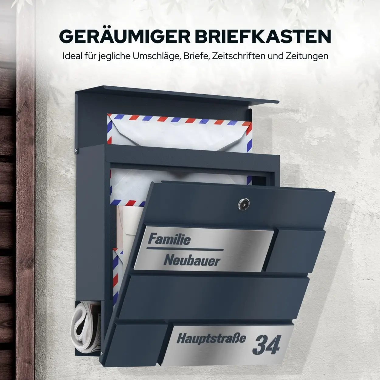 Wetterfester Pulsar Funkbriefkasten Funk mit Zeitungsrolle, Edelstahl-Schild Gravur Laserschnitt und Halterung Design 3