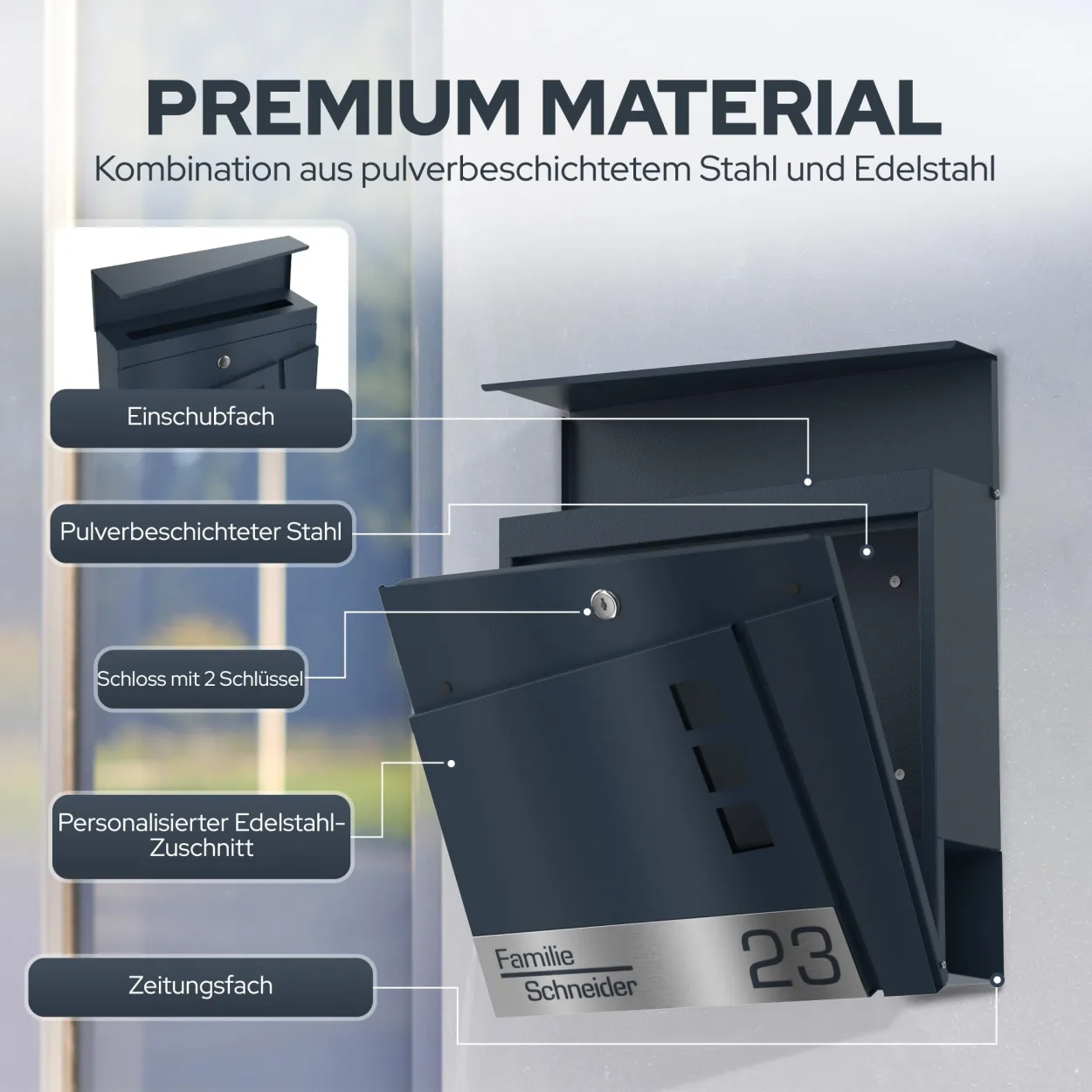 Modernes Funk Briefkasten Funkdesign mit Edelstahl-Gravur Laserschnitt und Zeitungsrolle, witterungsbeständige Anthrazit Halterung