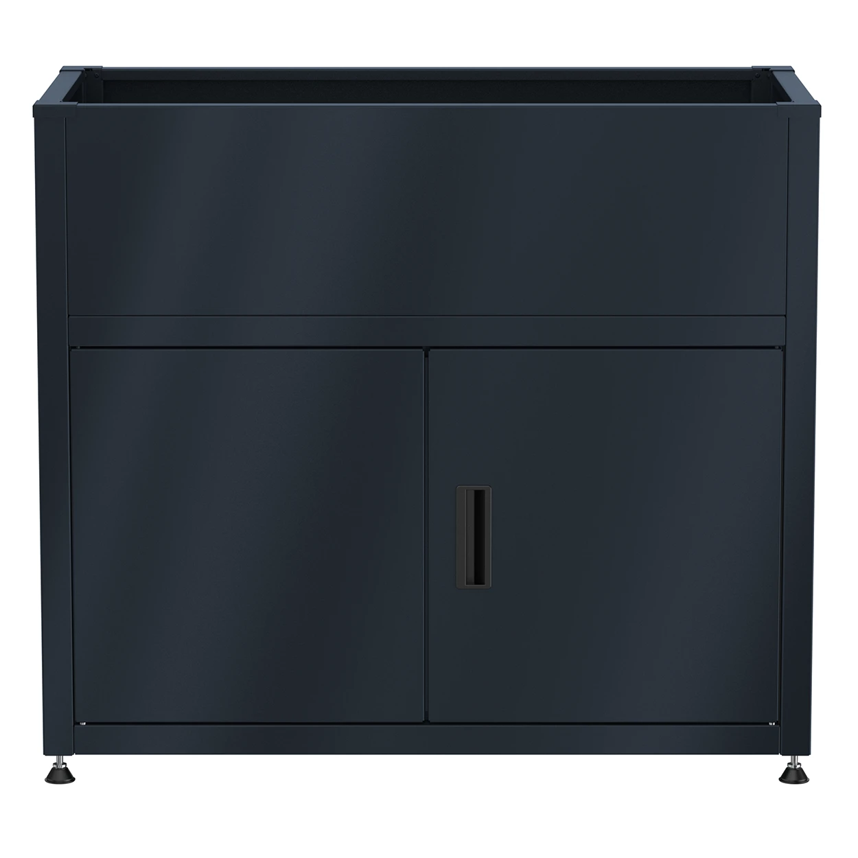 Gartenschrank mit integriertem Pflanzkasten in Anthrazit, Frontansicht mit zwei geschlossenen Türen.