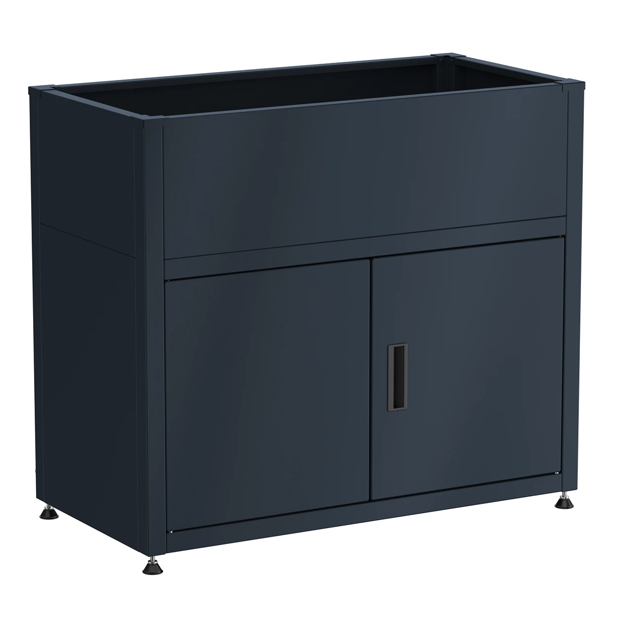 Modernes Hochbeet aus Metall in Anthrazit mit praktischem Stauraum im Unterschrank.