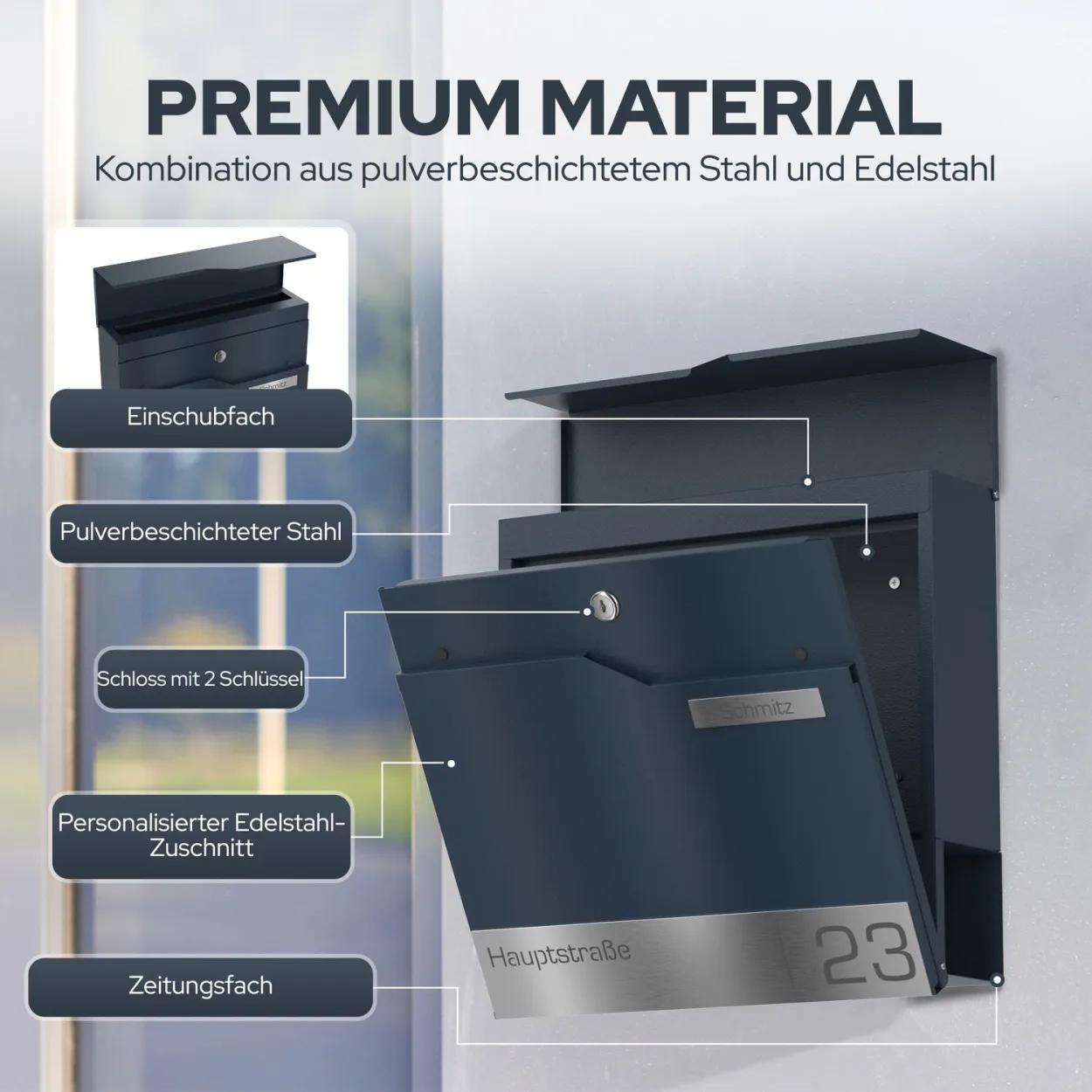 Robuster Briefkasten Funk in Anthrazit mit Edelstahl-Namensgravur und integriertem Zeitungsfach Lasergravur