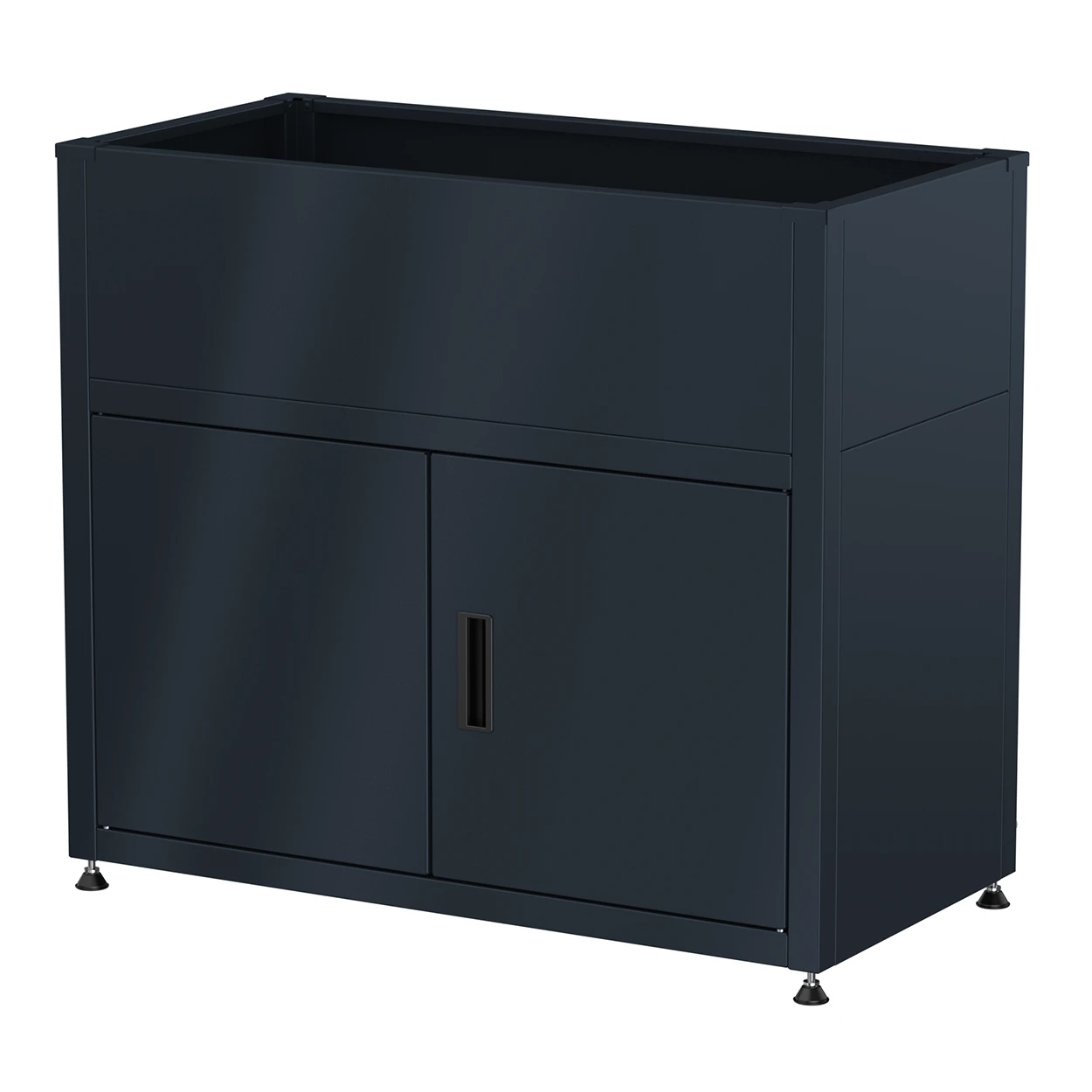Pflanzkasten mit Unterschrank in Anthrazit aus Metall, schräge Seitenansicht.