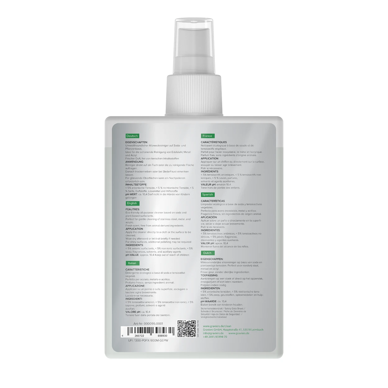 Rückseite der Graviers Clean Spezialreiniger Flasche mit mehrsprachigen Anwendungshinweisen Rückseite der Graviers Clean Spezialreiniger Flasche mit mehrsprachigen Anwendungshinweisen