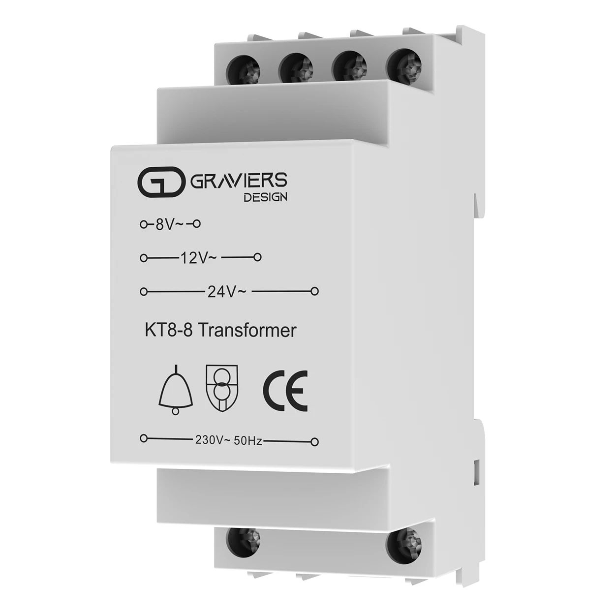 Graviers Klingeltrafo für die Hutschiene mit 8V, 12V und 24V Ausgangsspannung.