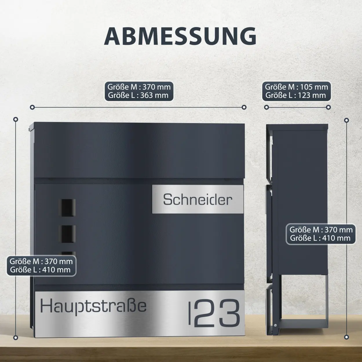 Anthrazitfarbener Funkbriefkasten Funk mit Zeitungsfach und Schild graviert, Standhalterung wetterfest Laserschnitt