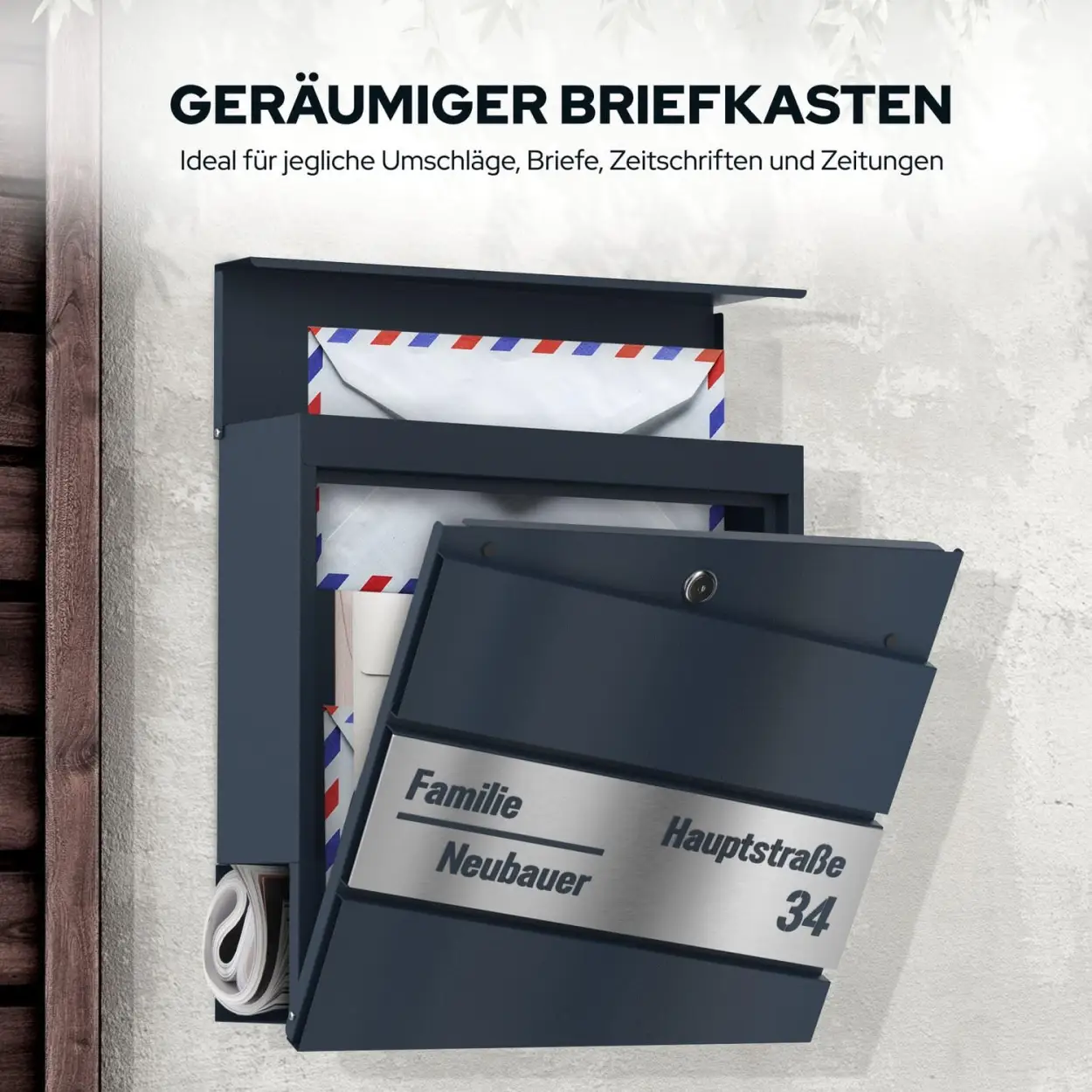 Personalisierter Funkbriefkasten Funk mit Namensgravur und Zeitungsfach, wetterfest Edelstahl Halterung Laserschnitt
