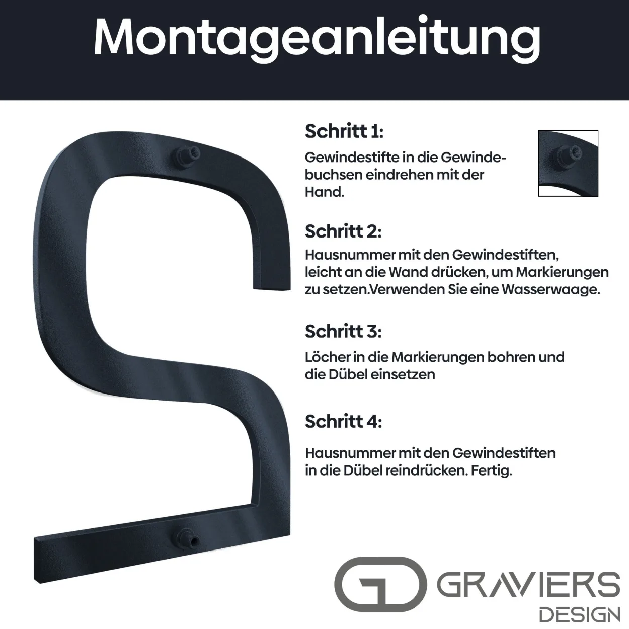 Montageanleitung für Hausnummer e mit 15 cm Höhe, detaillierte Schritte für die Anbringung in Anthrazit RAL 7016