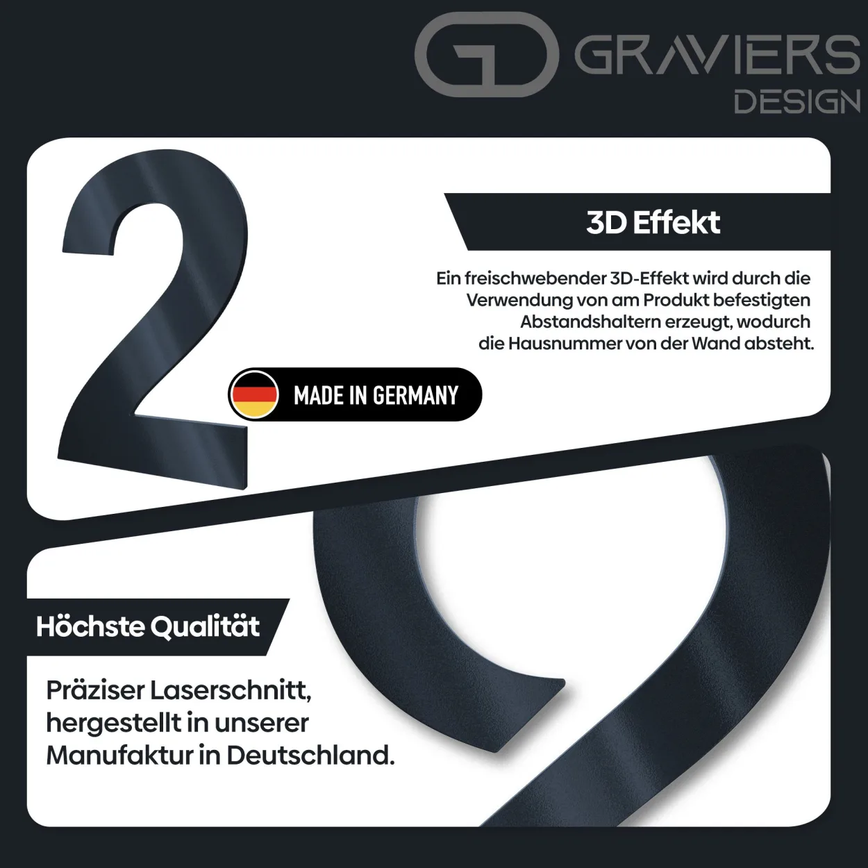 Anthrazit RAL 7016 Hausnummer a mit 3D-Effekt 15 cm, hochwertiges Design, aus Edelstahl, witterungsbeständig und langlebig