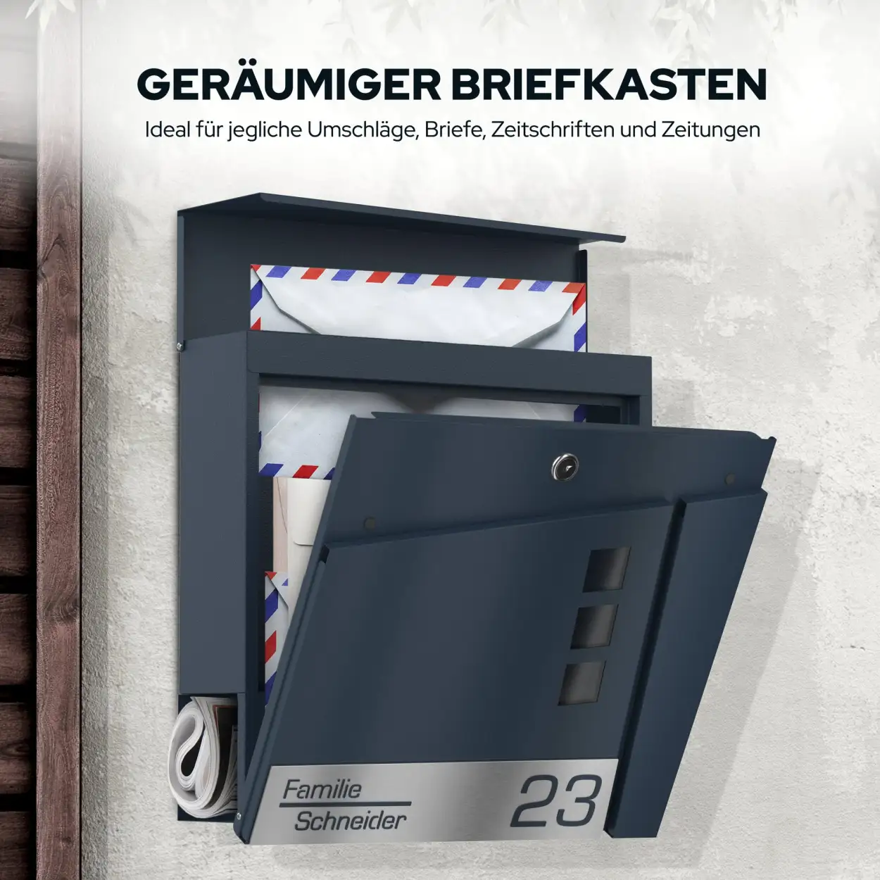 Draco Funk-Briefkasten Funk mit Zeitungsrolle und gravierter Hausnummer aus Edelstahl Laserschnitt