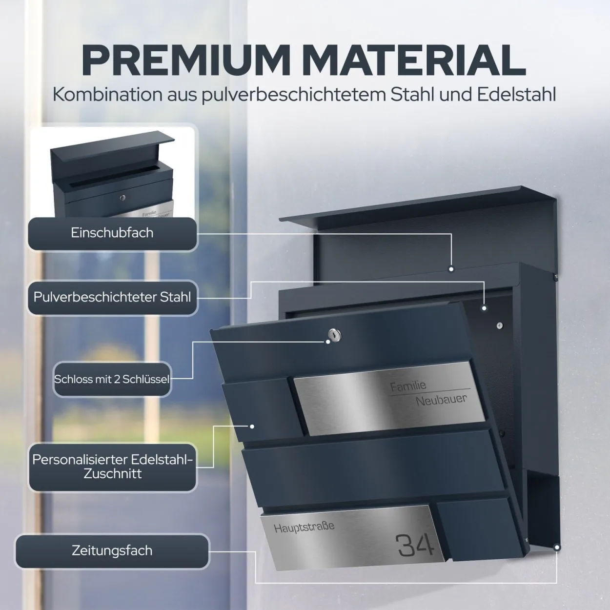 Personalisierbarer Pulsar Funkbriefkasten Funk mit Edelstahl Schild Lasergravur Gravur und Zeitungsrolle Design 1