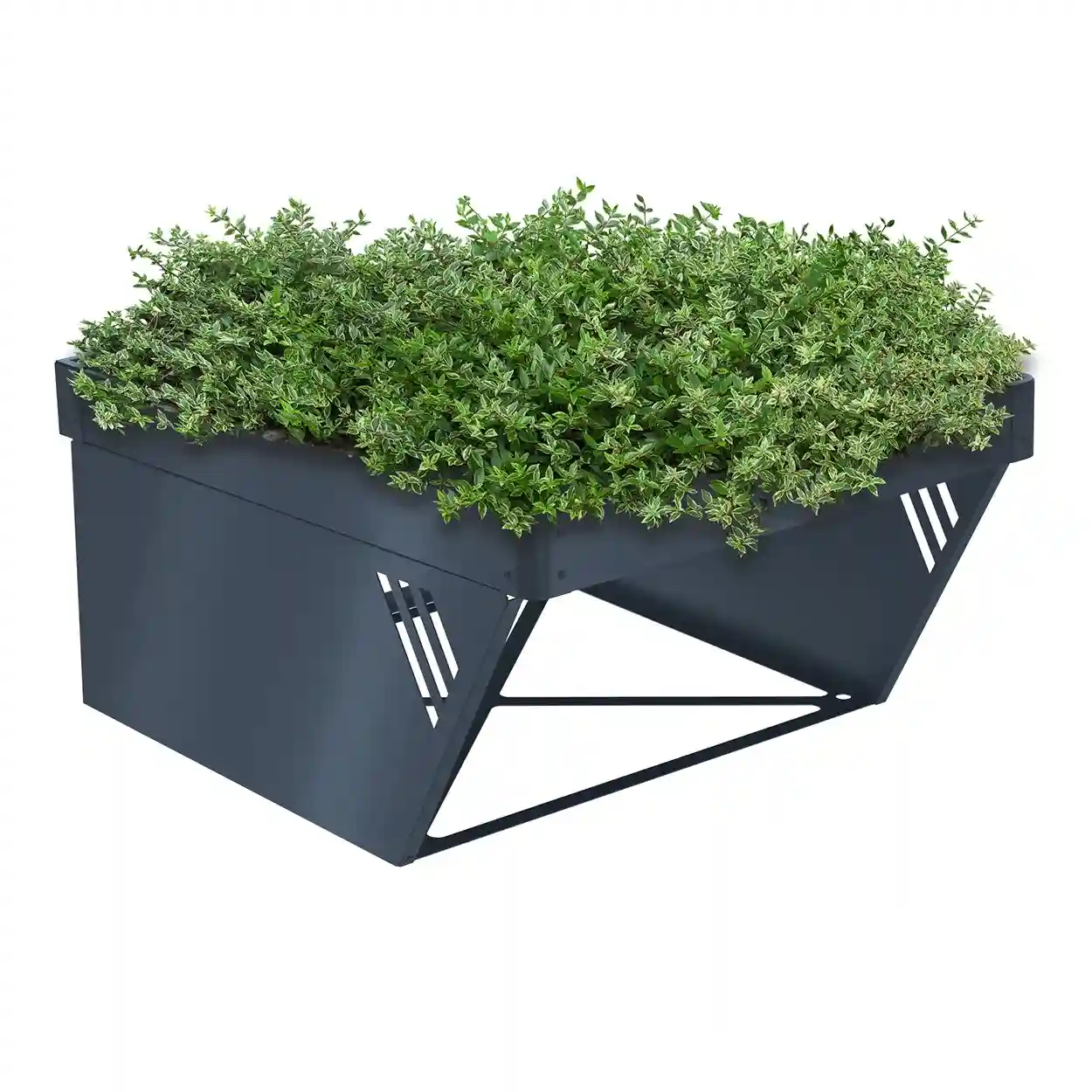 Bepflanztes Mähroboter-Hochbeet in Anthrazit, schräg von vorne fotografiert