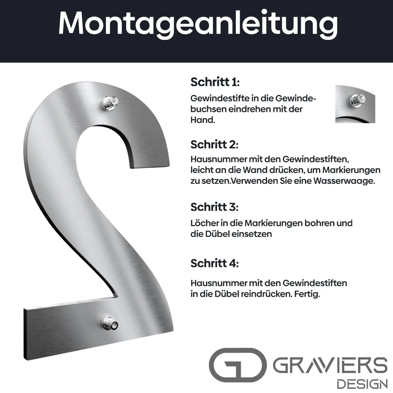 Schrittweise Anleitung zur Montage der Edelstahl Hausnummer 3 für einfache Installation - 15 cm