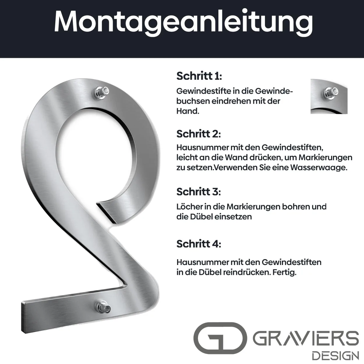 Montageanleitung für Hausnummer 3 mit Anleitung zur sicheren Befestigung an der Wand 15 cm Edelstahl