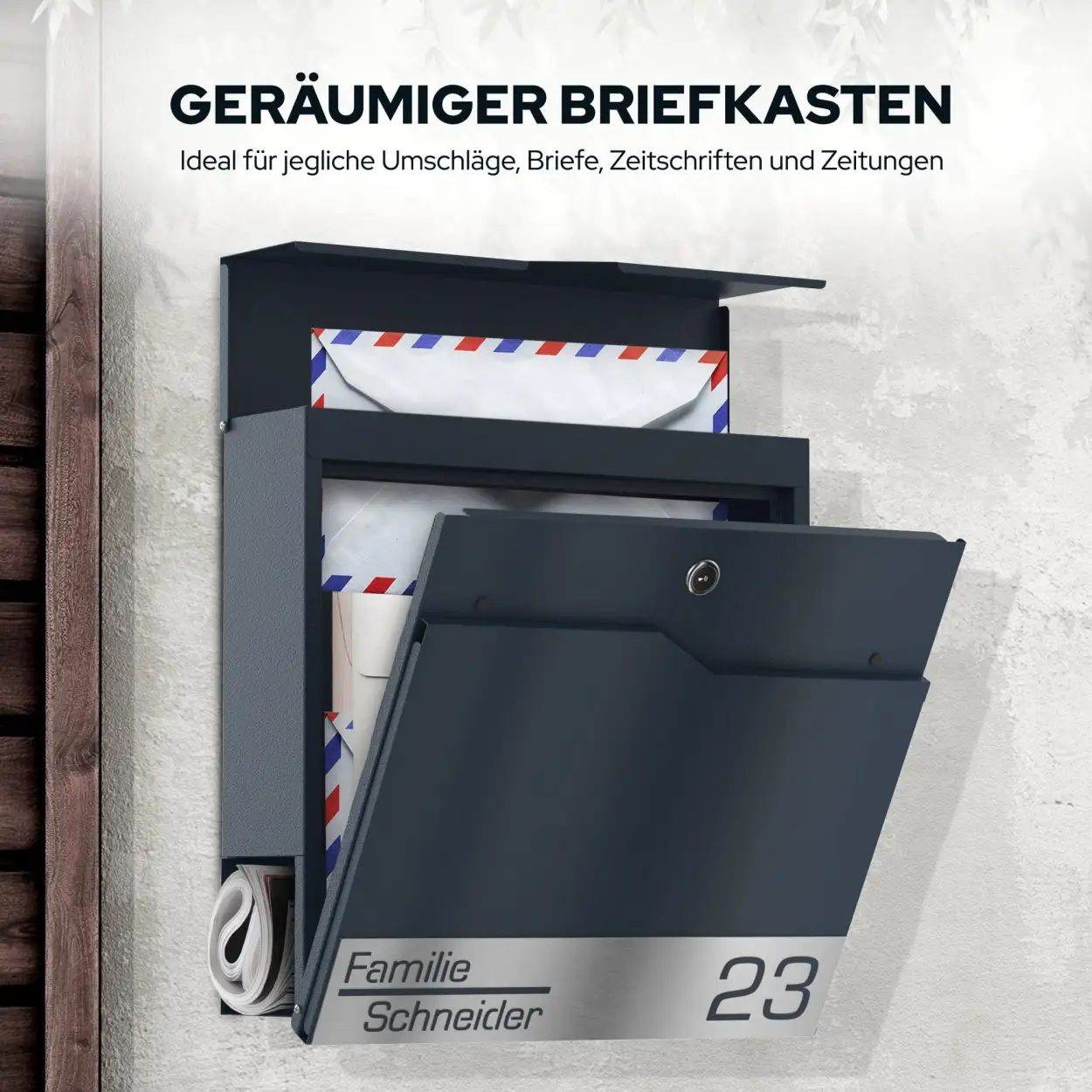 Anthrazitfarbener Funkbriefkasten Funk mit Zeitungsfach, Edelstahl Schild, wetterfest Laserschnitt mit Standfuß